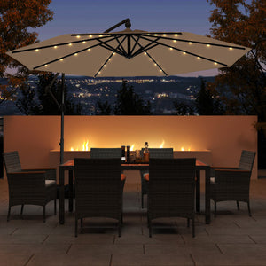 10 Feet Solar Offset Hanging Umbrella with Base and 32 LED Lights-Taupe