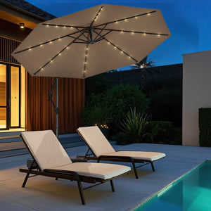10 Feet Solar Offset Hanging Umbrella with Base and 32 LED Lights-Taupe
