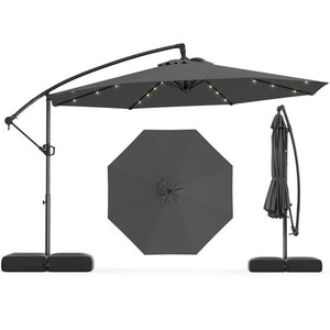 10 Feet Solar Offset Hanging Umbrella with Base and 32 LED Lights-Gray
