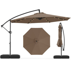 10 Feet Solar Offset Hanging Umbrella with Base and 32 LED Lights-Taupe by DirectDeals
