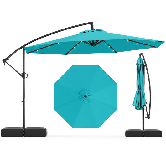 10 Feet Solar Offset Hanging Umbrella with Base and 32 LED Lights-Turquoise