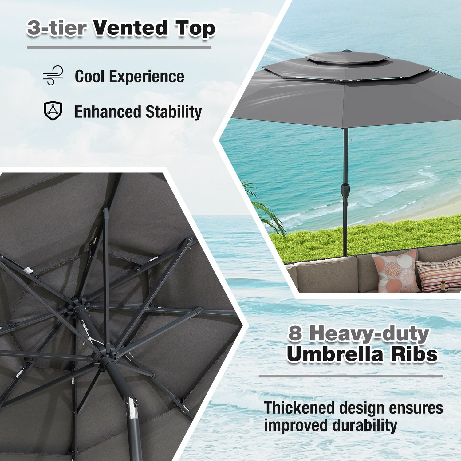 10 ft 3-tier Vented Patio Umbrella with Push Button Tilt-Gray by DirectDeals