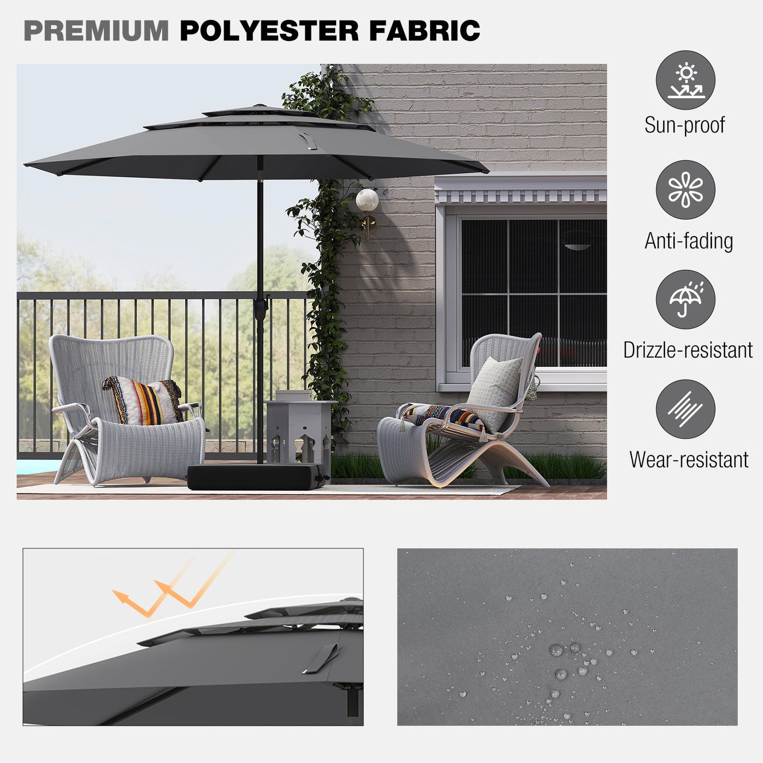 10 ft 3-tier Vented Patio Umbrella with Push Button Tilt-Gray by DirectDeals