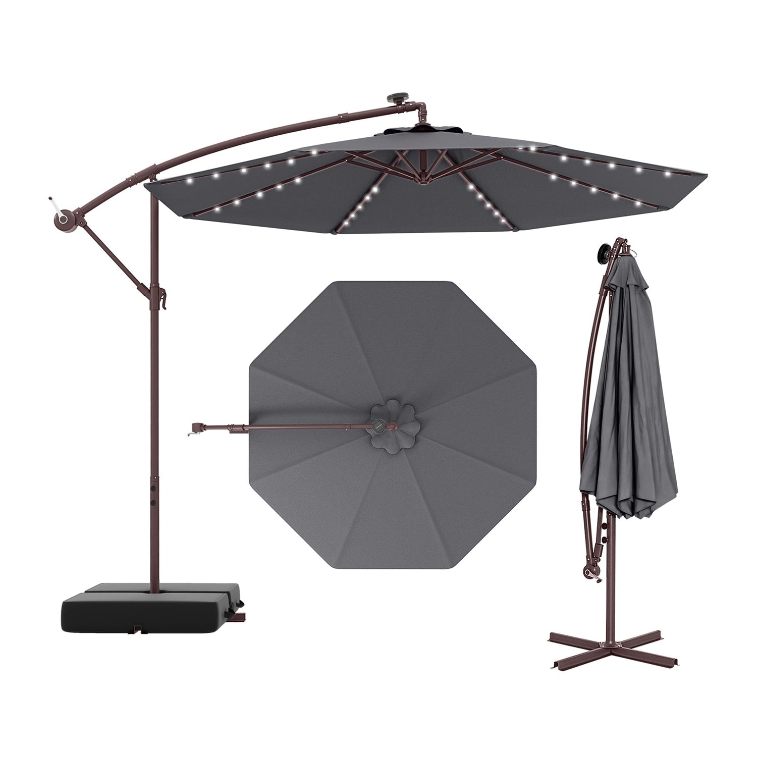 10 Ft Patio Umbrella Offset Cantilever Umbrella with 40 Solar Powered Lights-Gray by DirectDeals