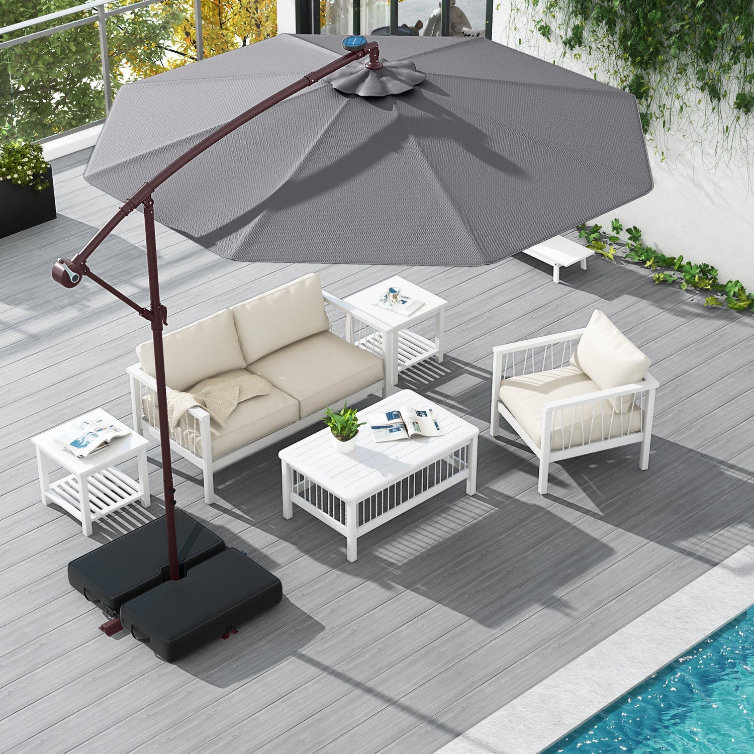 10 Ft Patio Umbrella Offset Cantilever Umbrella with 40 Solar Powered Lights-Gray by DirectDeals