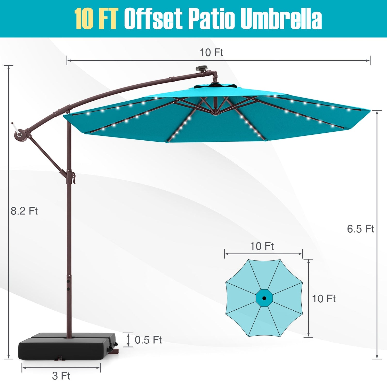 10 Ft Patio Umbrella Offset Cantilever Umbrella with 40 Solar Powered Lights-Turquoise by DirectDeals