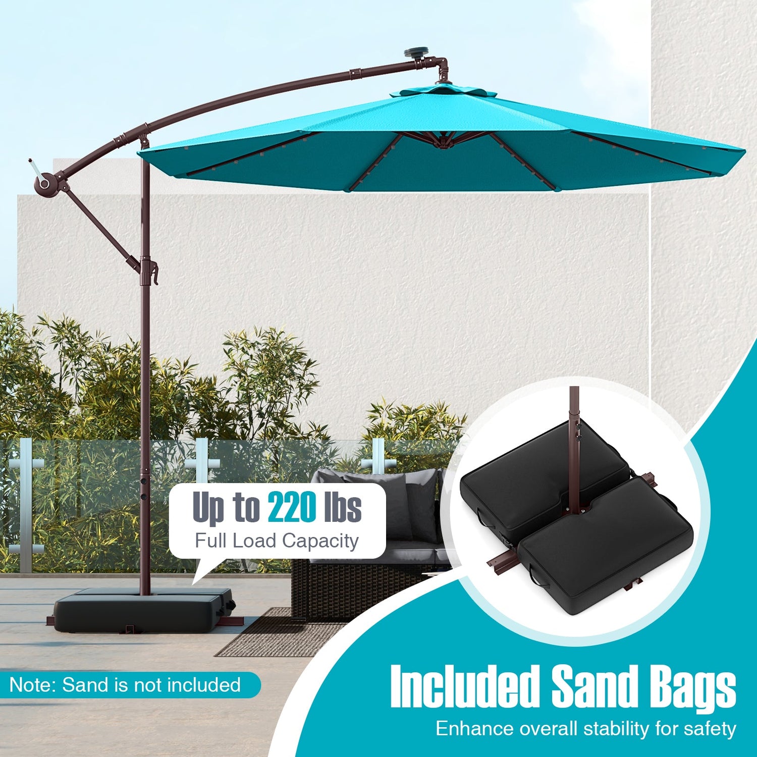 10 Ft Patio Umbrella Offset Cantilever Umbrella with 40 Solar Powered Lights-Turquoise by DirectDeals