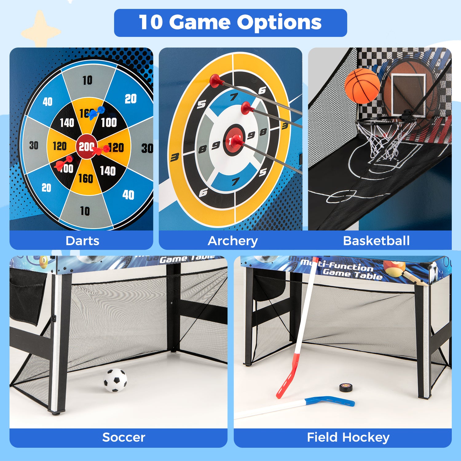 10-in-1 Combo Game Table Set with Table Tennis  Basketball  Soccer-Blue