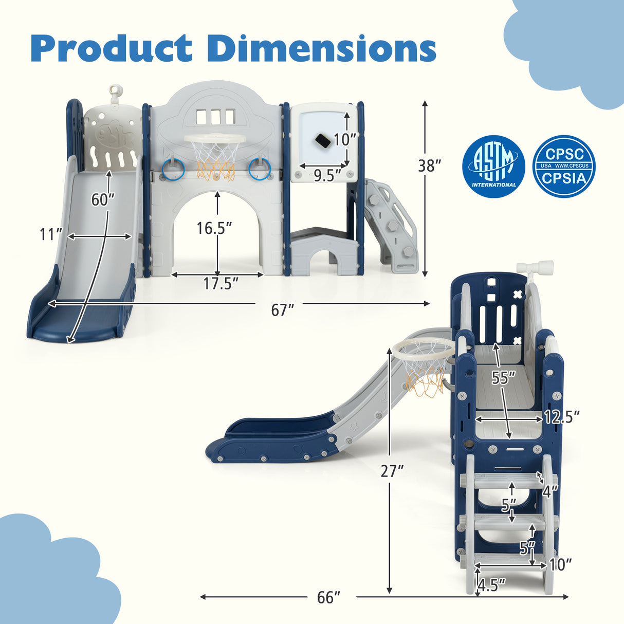 10 in 1 Toddler Slide Set Kids Slide and Climber Playset Indoor Playground-Blue