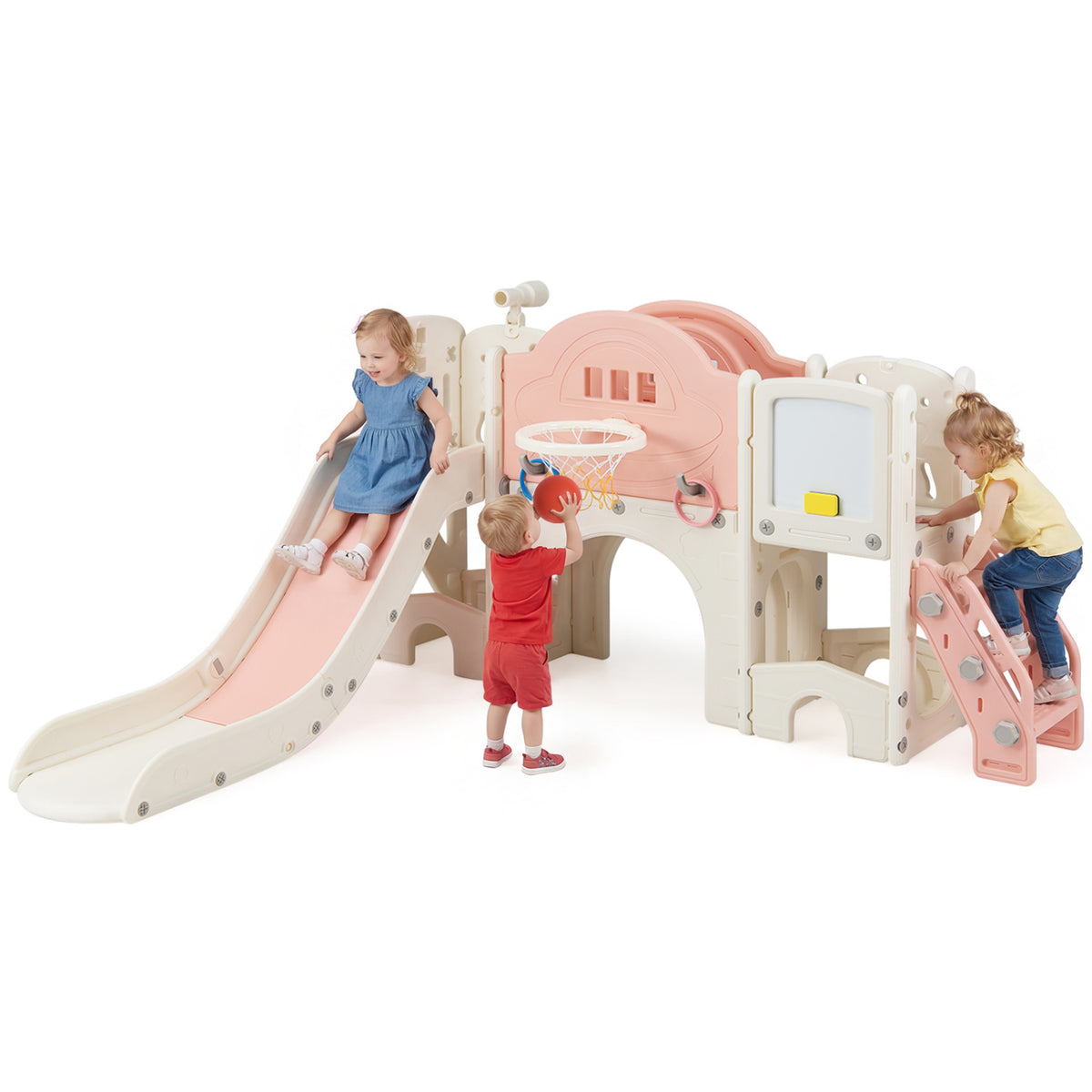 10 in 1 Toddler Slide Set Kids Slide and Climber Playset Indoor Playground-Pink