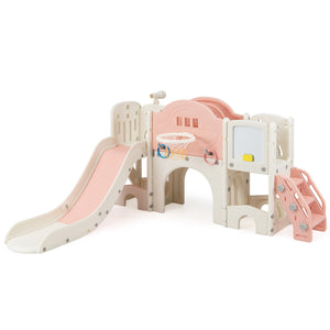 10 in 1 Toddler Slide Set Kids Slide and Climber Playset Indoor Playground-Pink