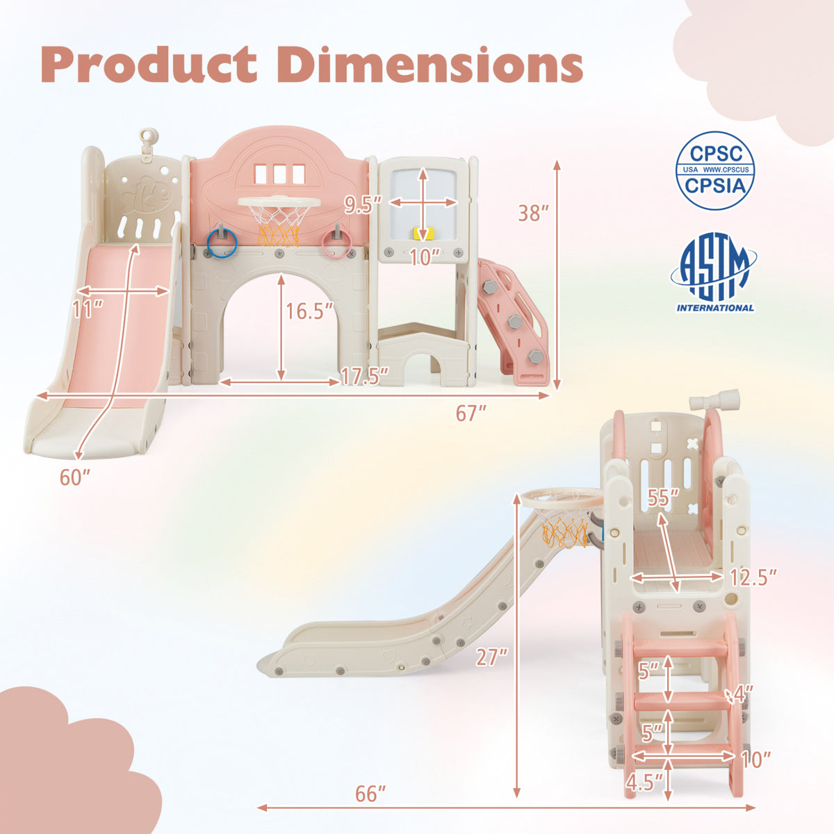 10 in 1 Toddler Slide Set Kids Slide and Climber Playset Indoor Playground-Pink