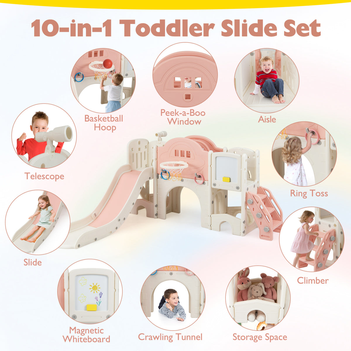 10 in 1 Toddler Slide Set Kids Slide and Climber Playset Indoor Playground-Pink