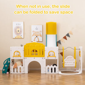 10-in-1 Toddler Swing and Slide Set Climber Playset with Basketball Hoop-Yellow