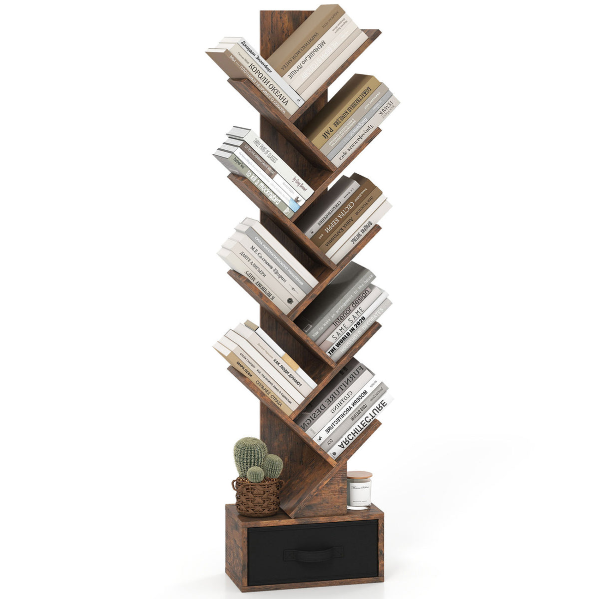 10-tier Tree Bookshelf with Drawer Free-standing Storage Bookcase