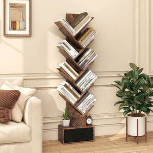10-tier Tree Bookshelf with Drawer Free-standing Storage Bookcase