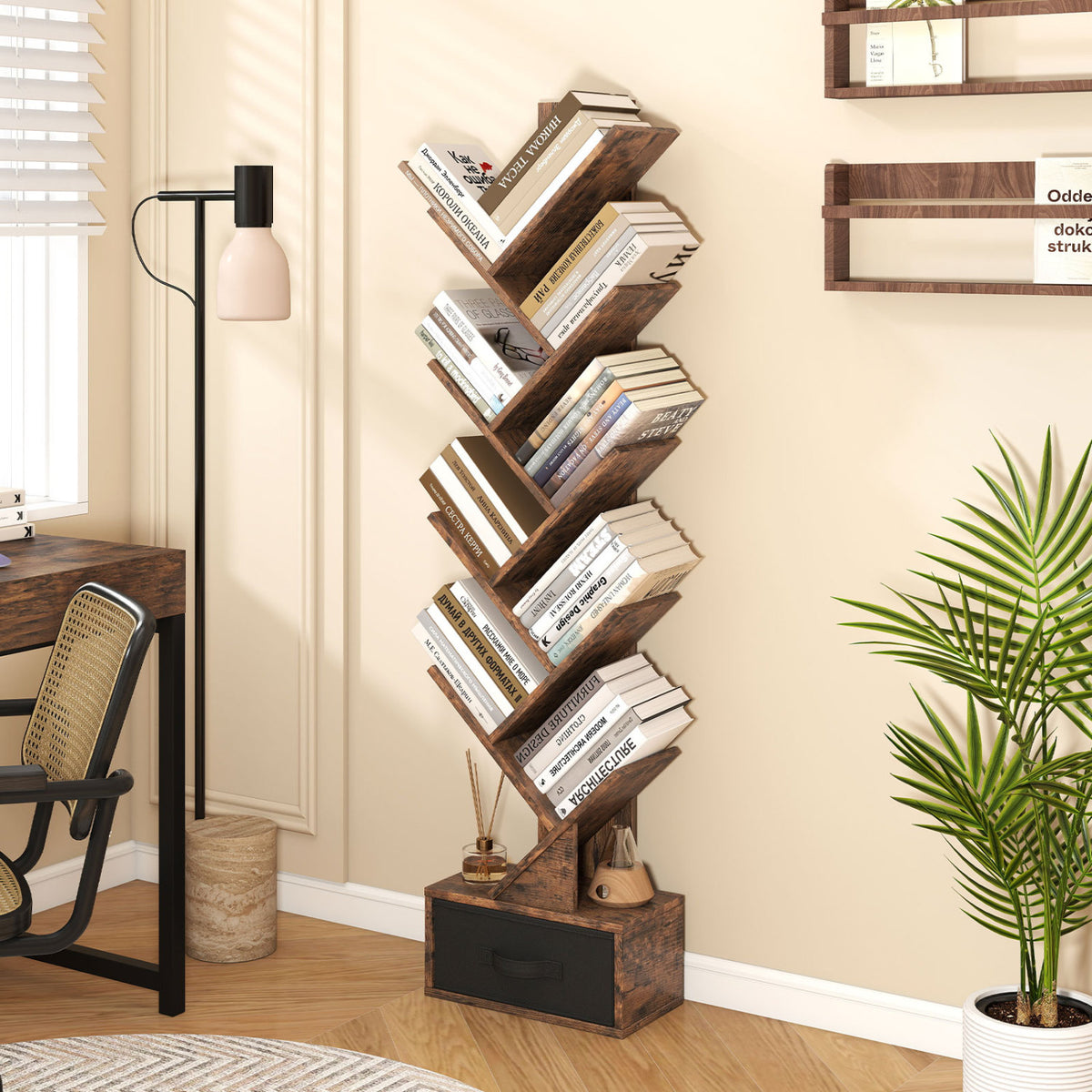 10-tier Tree Bookshelf with Drawer Free-standing Storage Bookcase