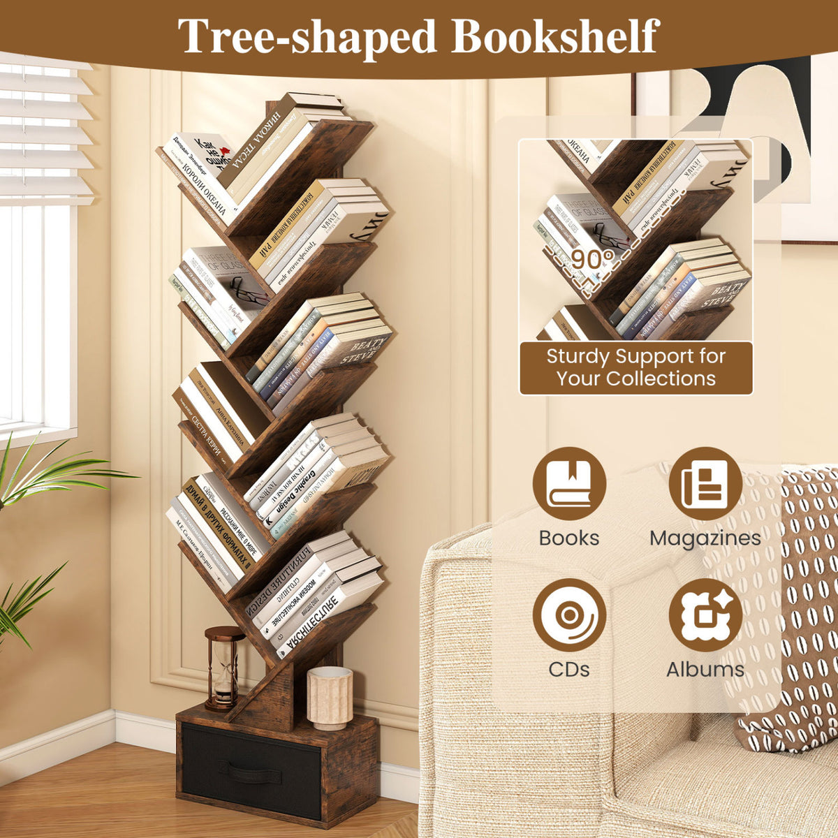 10-tier Tree Bookshelf with Drawer Free-standing Storage Bookcase
