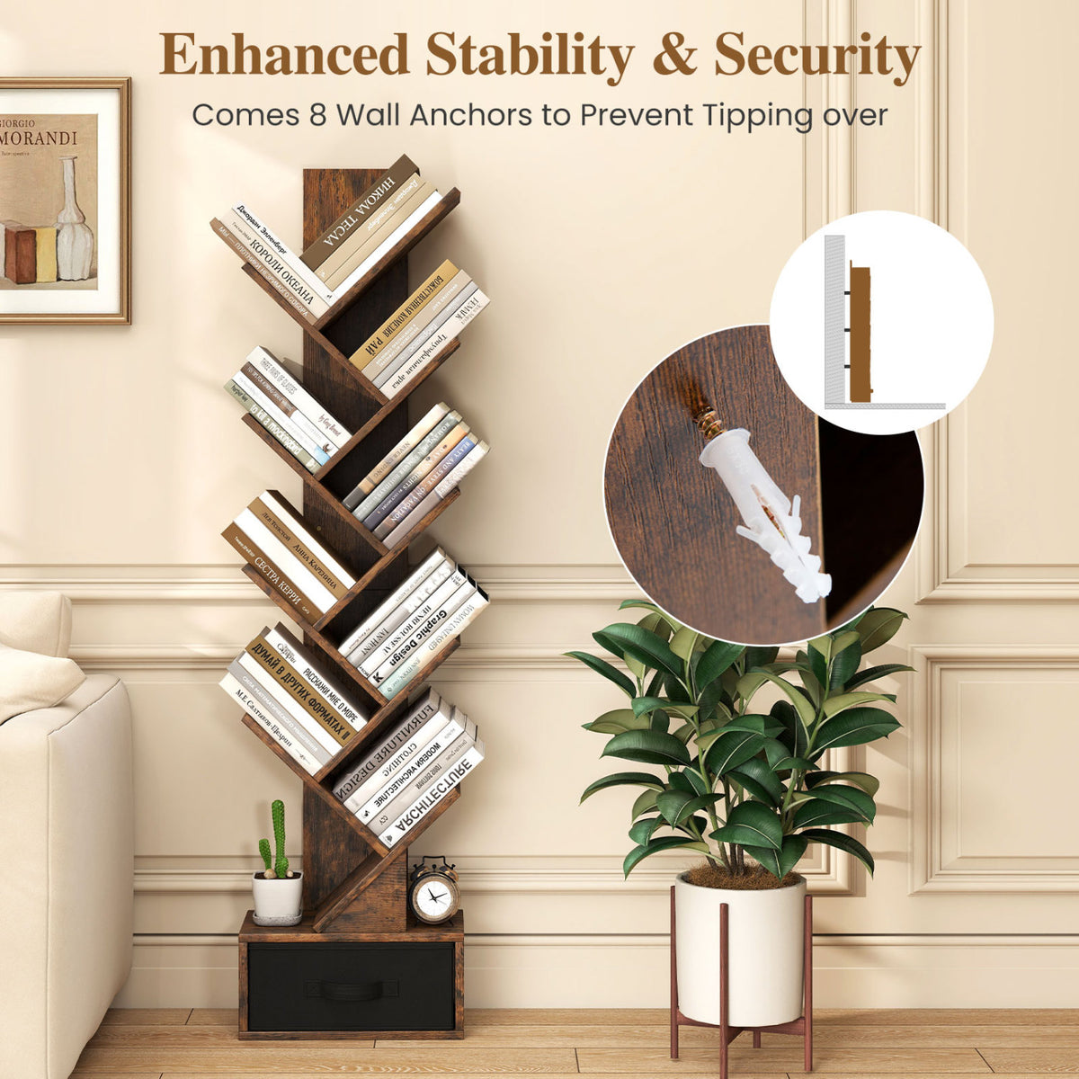 10-tier Tree Bookshelf with Drawer Free-standing Storage Bookcase