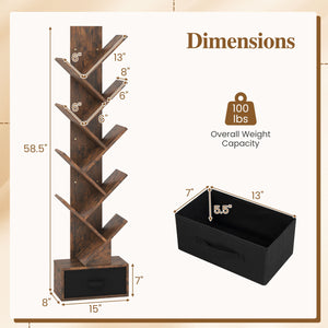 10-tier Tree Bookshelf with Drawer Free-standing Storage Bookcase
