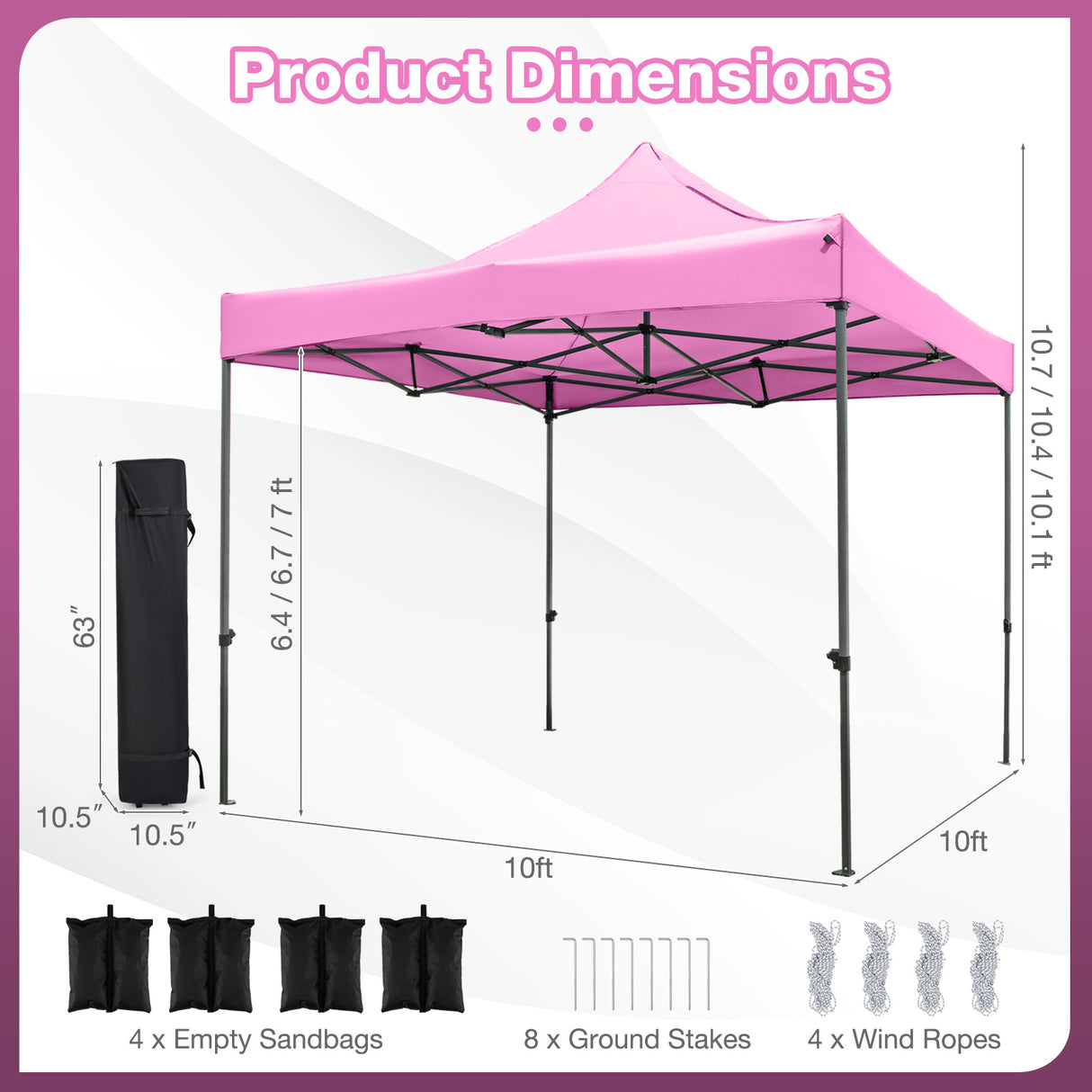 10 x 10 FT Outdoor Pop up Canopy Tent Easy Setup Gazebo Shelter with Wheeled Bag-Pink