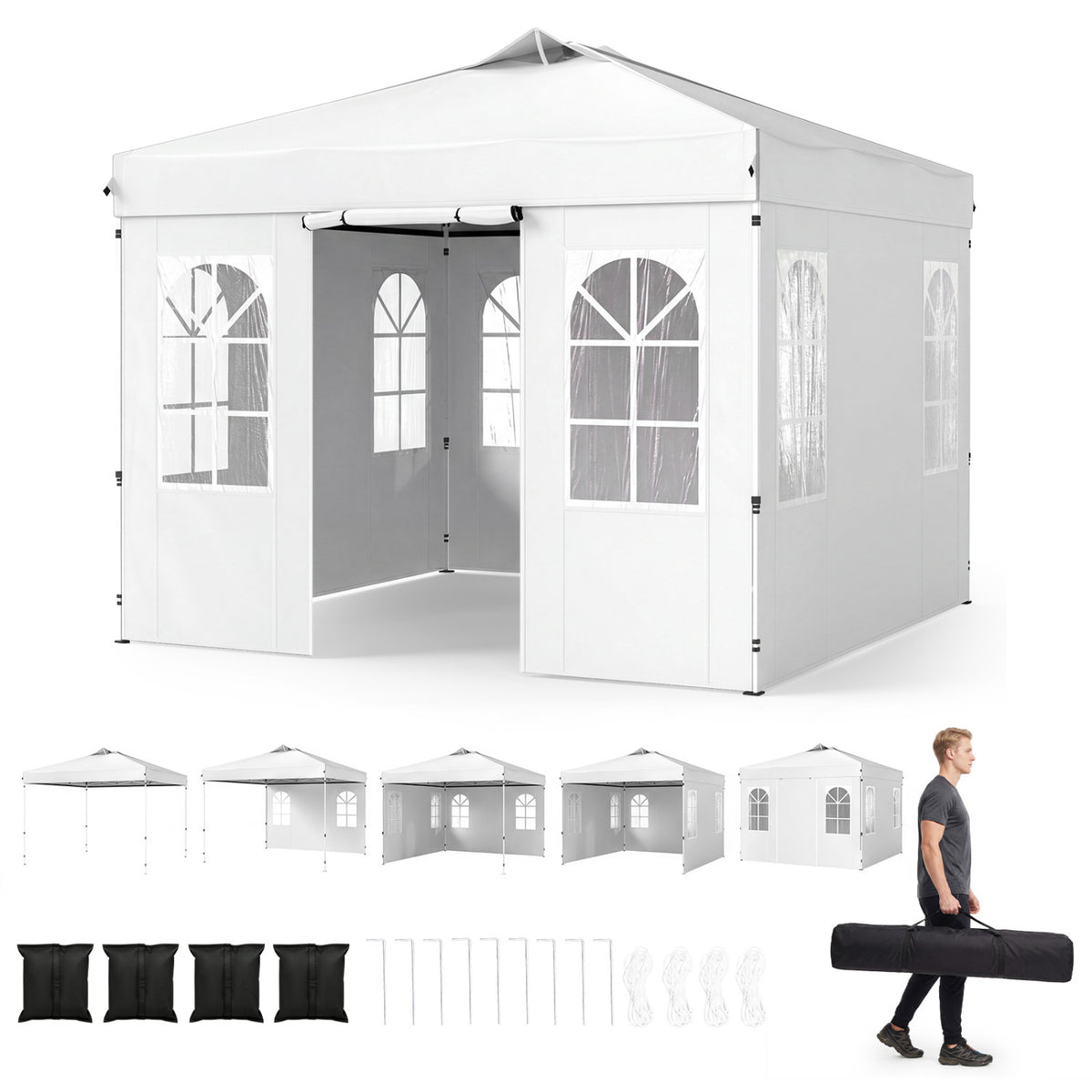 10 x 10 FT Pop Up Canopy Tent with 4 Sidewalls and Adjustable Height Waterproof-White