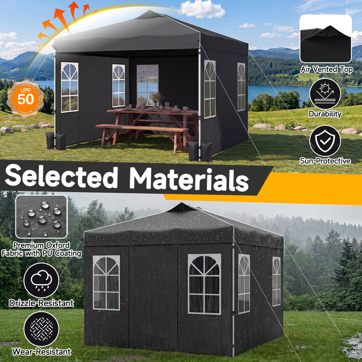 10 x 10 FT Pop Up Canopy Tent with 4 Sidewalls and Adjustable Height Waterproof-Black
