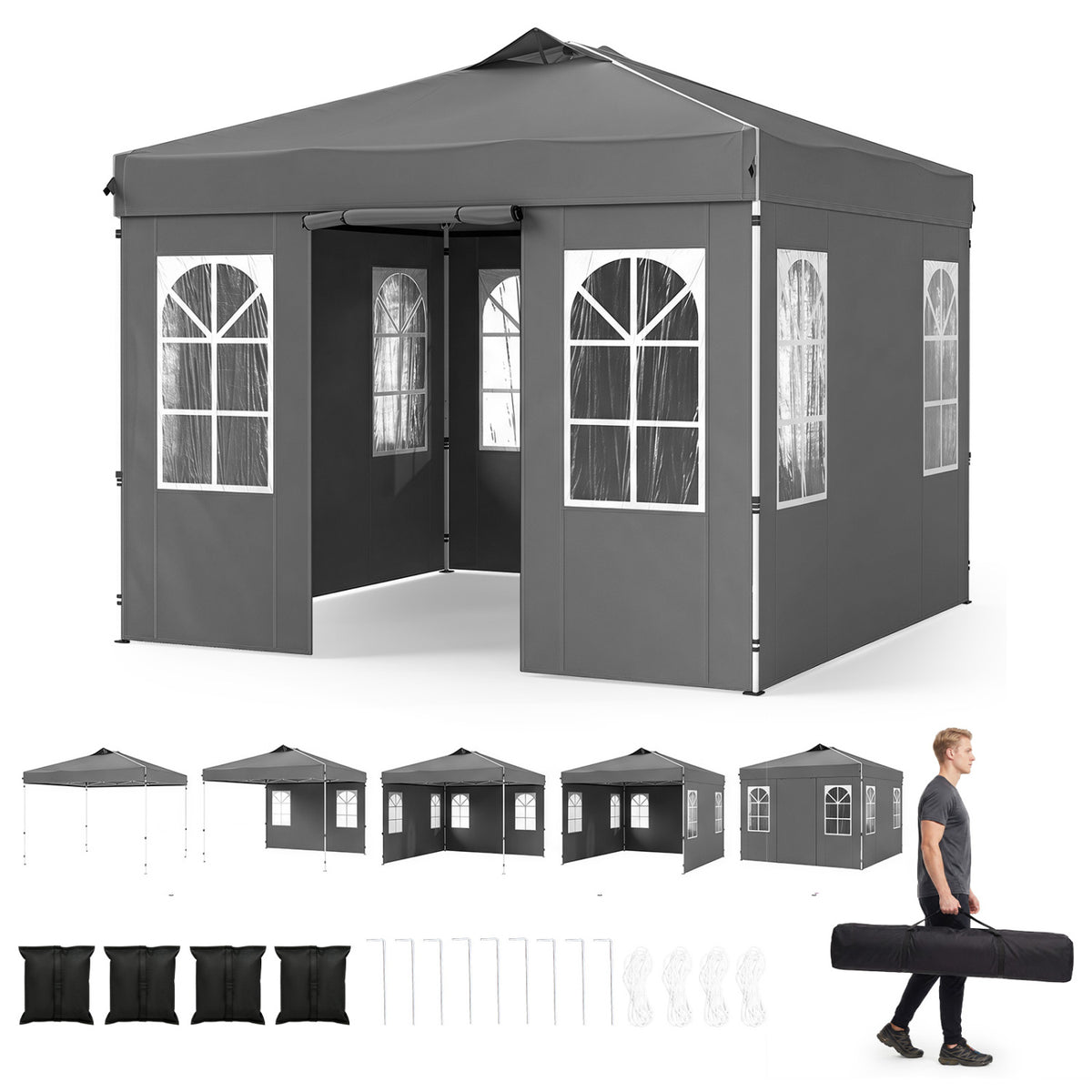 10 x 10 FT Pop Up Canopy Tent with 4 Sidewalls and Adjustable Height Waterproof-Gray