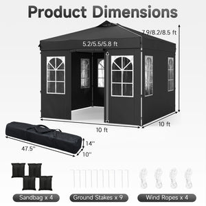 10 x 10 FT Pop Up Canopy Tent with 4 Sidewalls and Adjustable Height Waterproof-Black