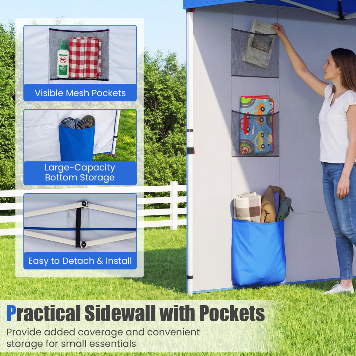 10 x 10 FT Pop up Canopy Tent with Sidewall 6 Pockets Instant Setup Commercial Gazebo-Blue