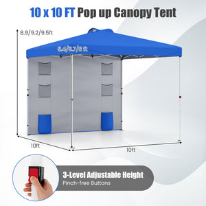10 x 10 FT Pop up Canopy Tent with Sidewall 6 Pockets Instant Setup Commercial Gazebo-Blue