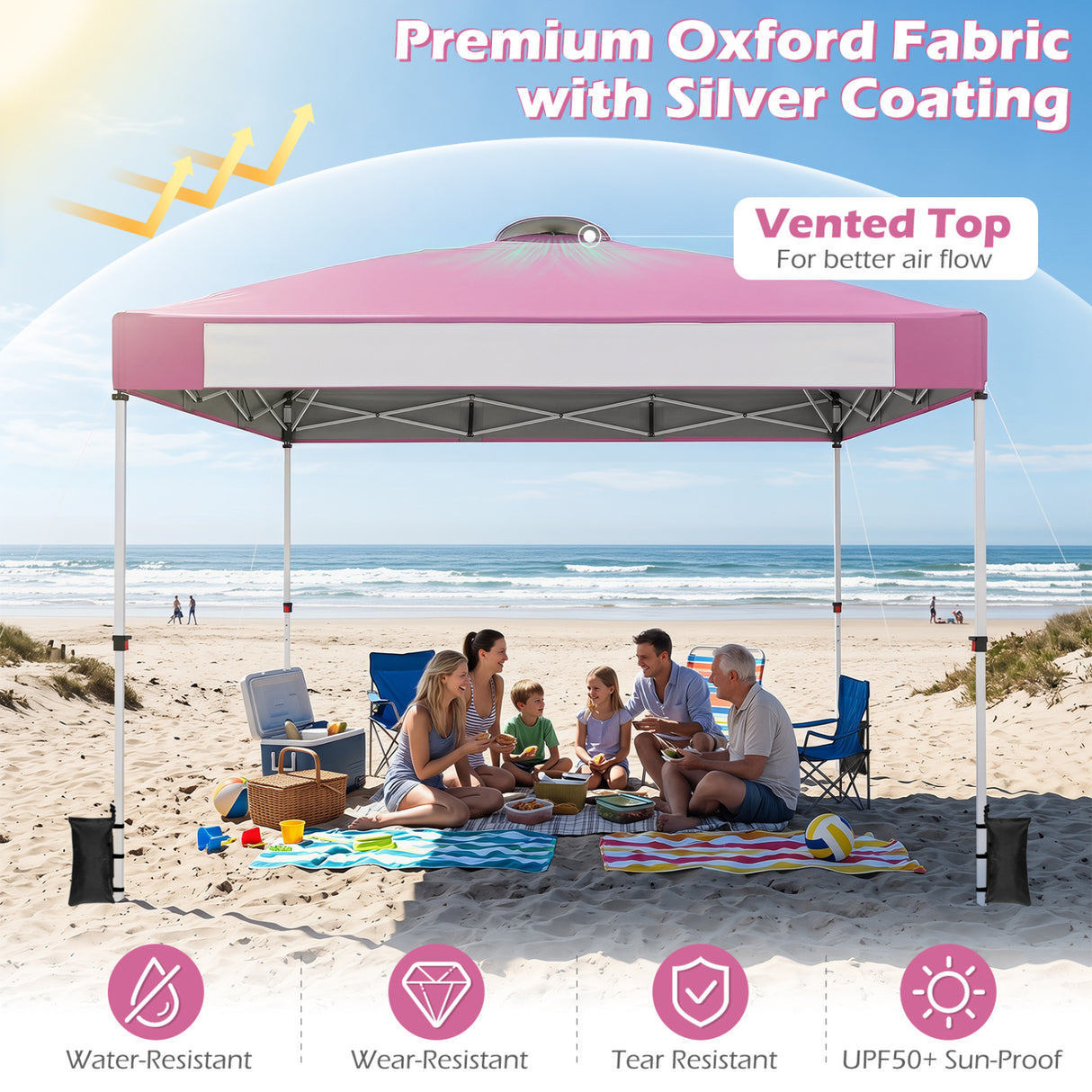 10 x 10 Feet Foldable Commercial Pop-up Canopy with Roller Bag and Banner Strip-Pink