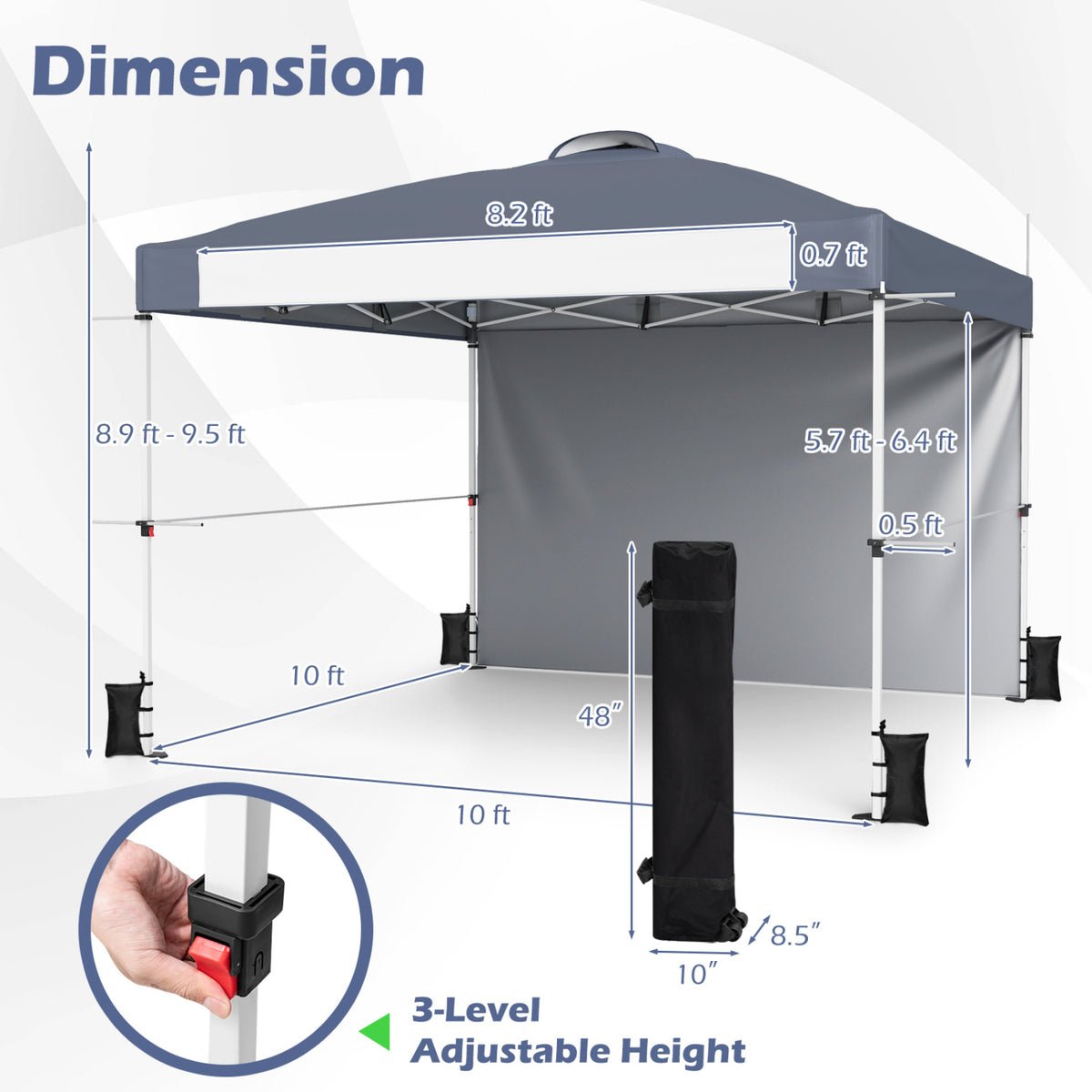 10 x 10 Feet Foldable Commercial Pop-up Canopy with Roller Bag and Banner Strip-Gray
