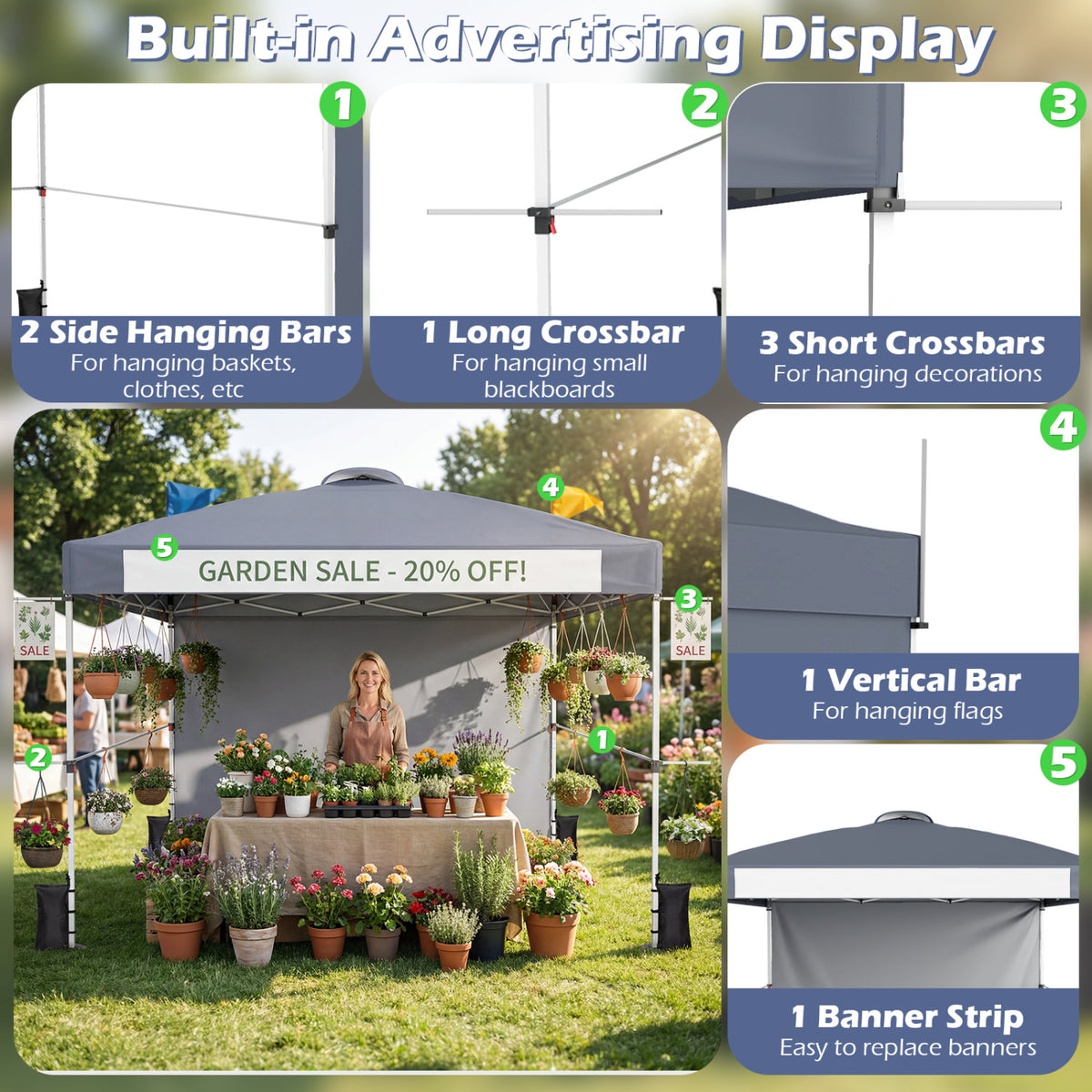 10 x 10 Feet Foldable Commercial Pop-up Canopy with Roller Bag and Banner Strip-Gray