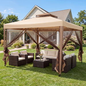 10 x 10 Feet Patio Canopy Gazebo with Neting and Double Tiered Roof-Yellow