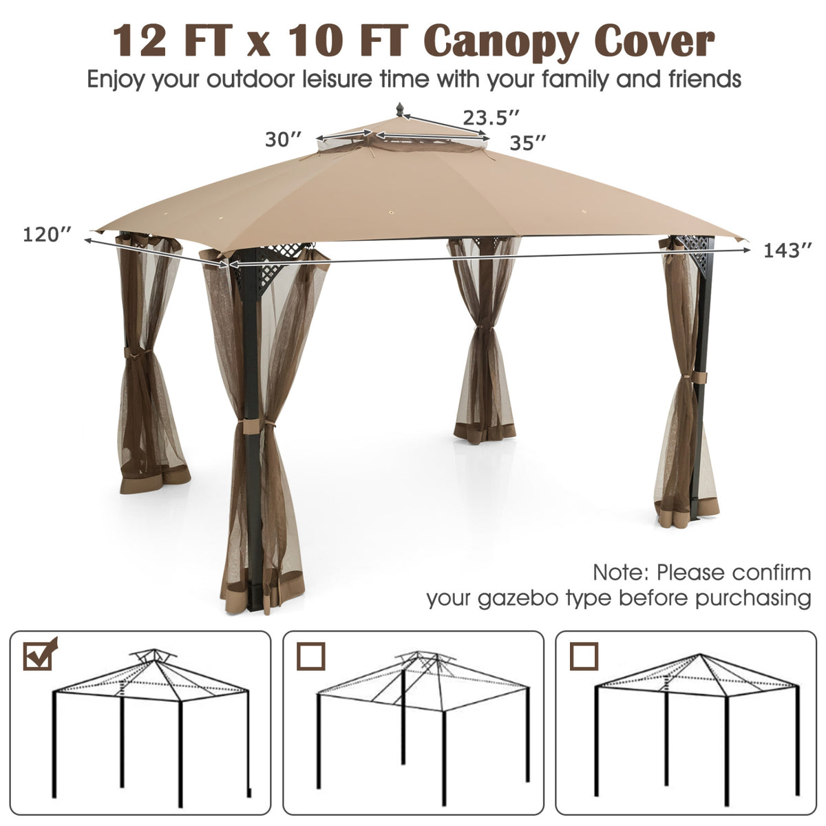 10 x 12 Feet Gazebo Replacement Top with Air Vent and Drainage Holes-Brown