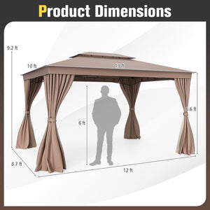 10 x 13 Feet Patio Gazebo Double-Roof with Mesh Netting and Privacy Curtains-Coffee