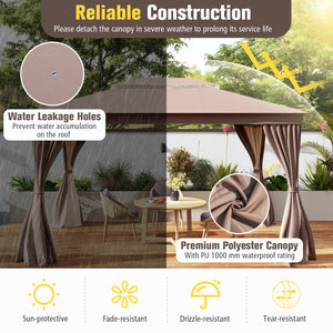 10 x 13 Feet Patio Gazebo Double-Roof with Mesh Netting and Privacy Curtains-Coffee