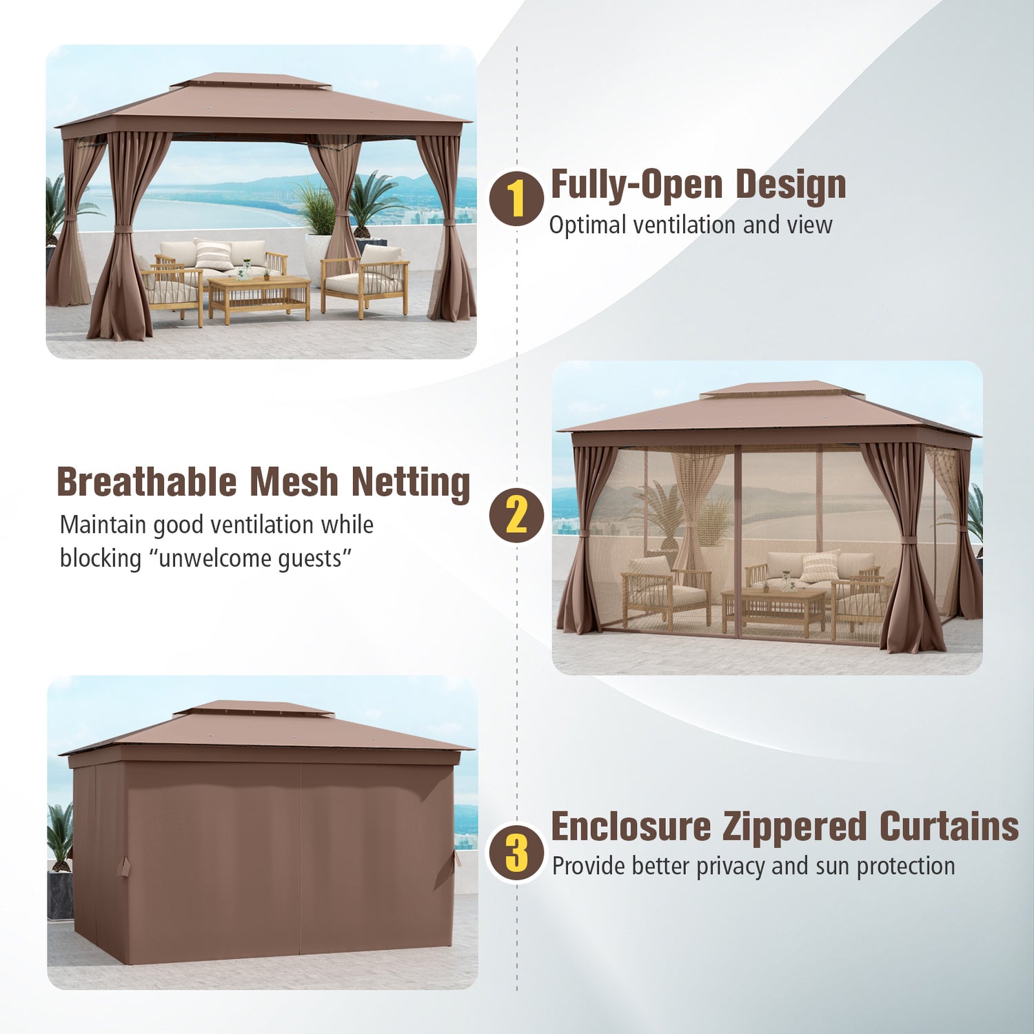 10 x 13 Feet Patio Gazebo Double-Roof with Mesh Netting and Privacy Curtains-Coffee