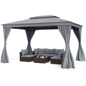 10 x 13 Feet Patio Gazebo Double-Roof with Mesh Netting and Privacy Curtains-Gray