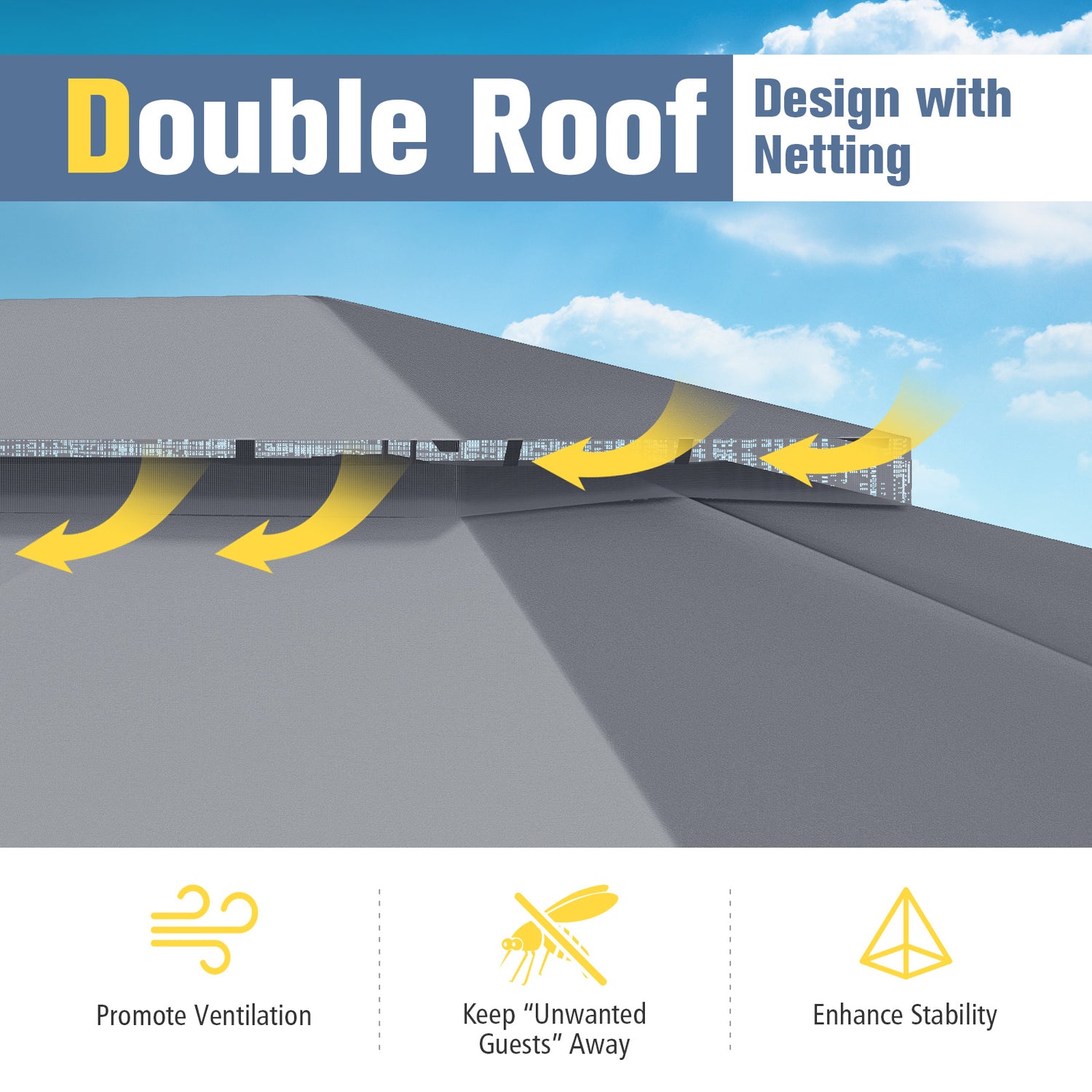 10 x 13 Feet Patio Gazebo Double-Roof with Mesh Netting and Privacy Curtains-Gray