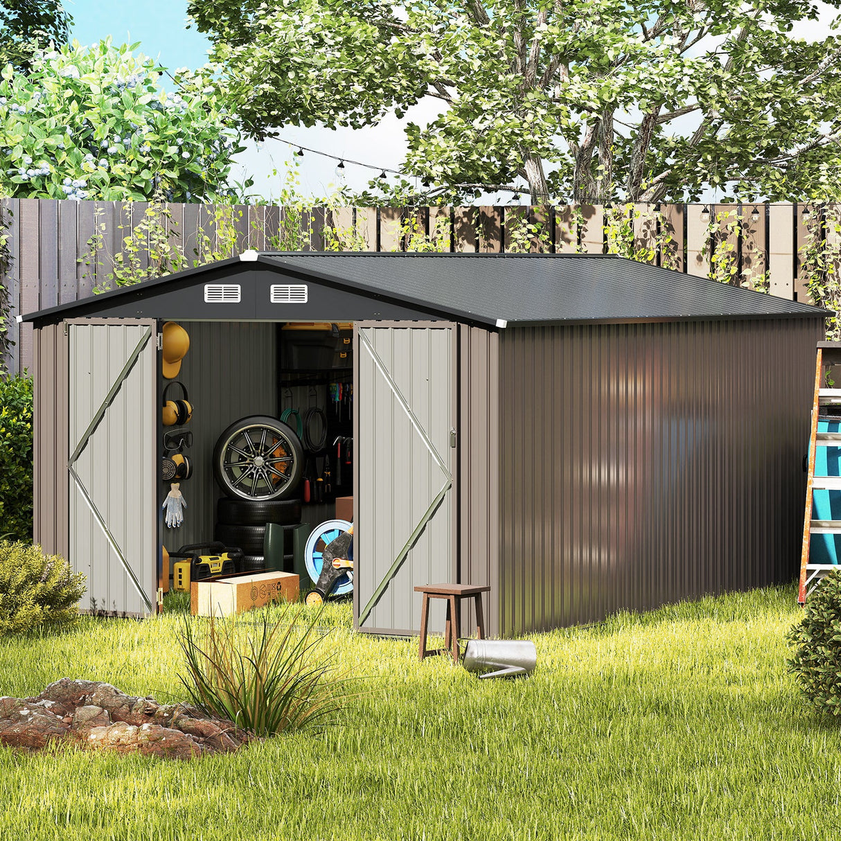 10 x 14 FT Outdoor Storage Shed with Improved Windproof Metal Structure-Gray by DirectDeals