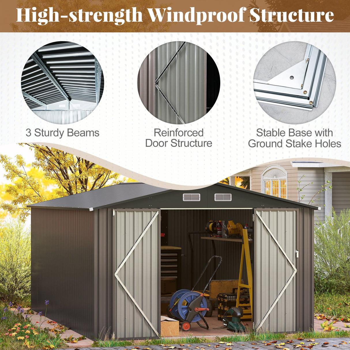 10 x 14 FT Outdoor Storage Shed with Improved Windproof Metal Structure-Gray by DirectDeals