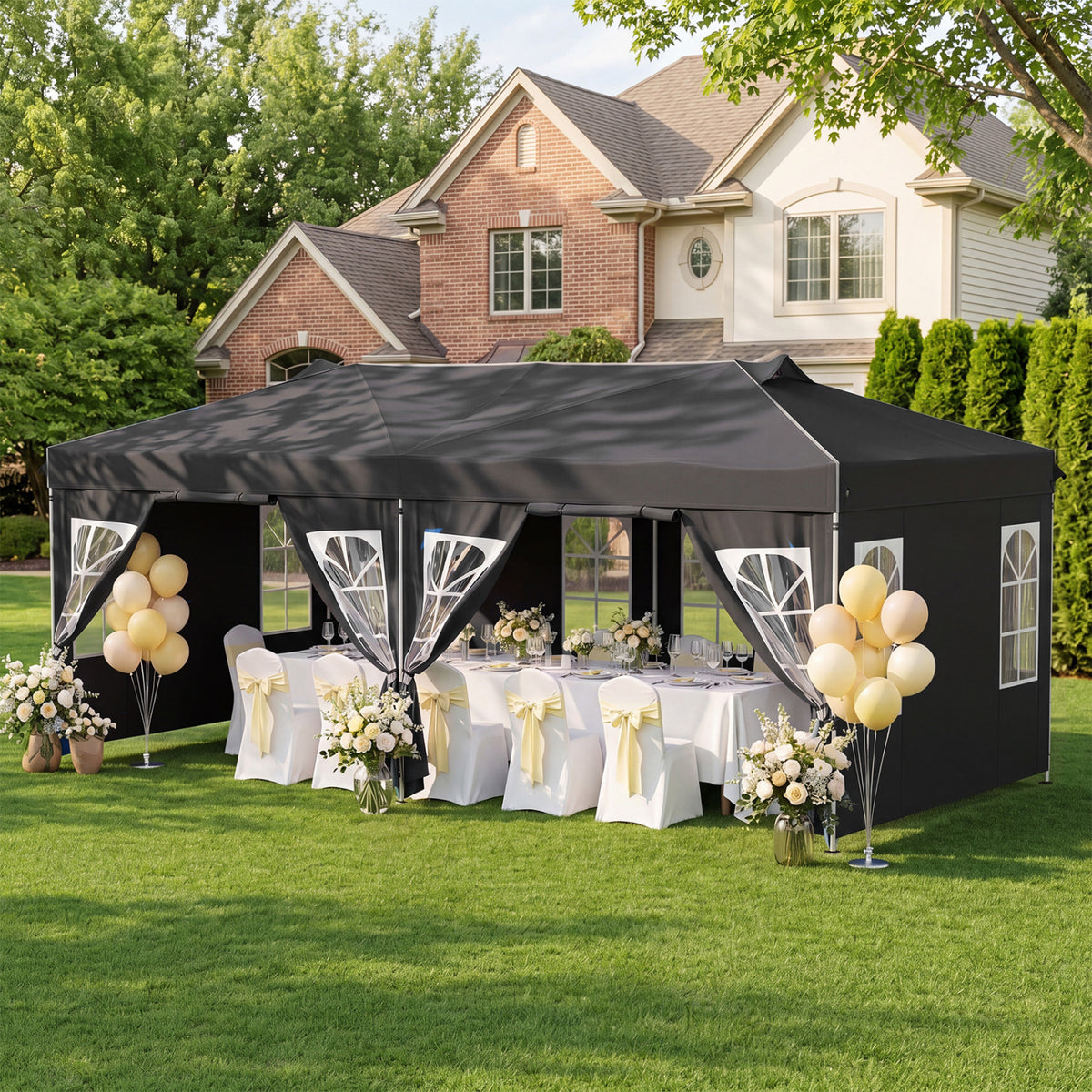 10 x 20 FT Pop Up Canopy Tent with 6 Sidewalls and Adjustable Height-Black
