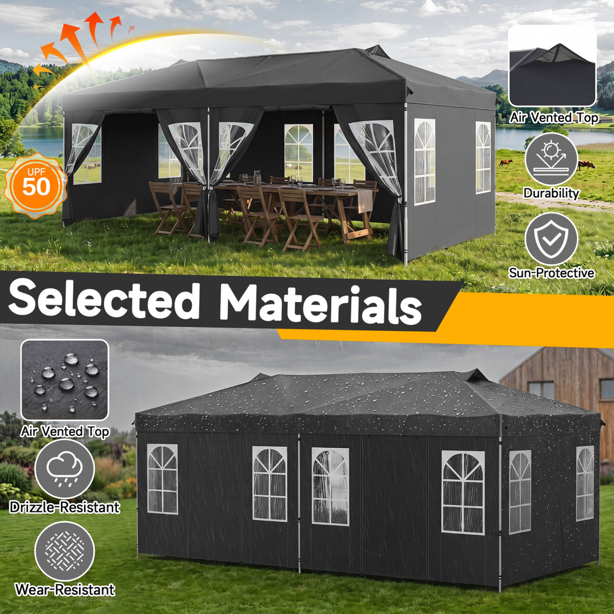 10 x 20 FT Pop Up Canopy Tent with 6 Sidewalls and Adjustable Height-Black