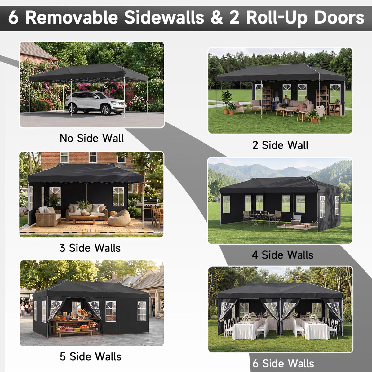 10 x 20 FT Pop Up Canopy Tent with 6 Sidewalls and Adjustable Height-Black