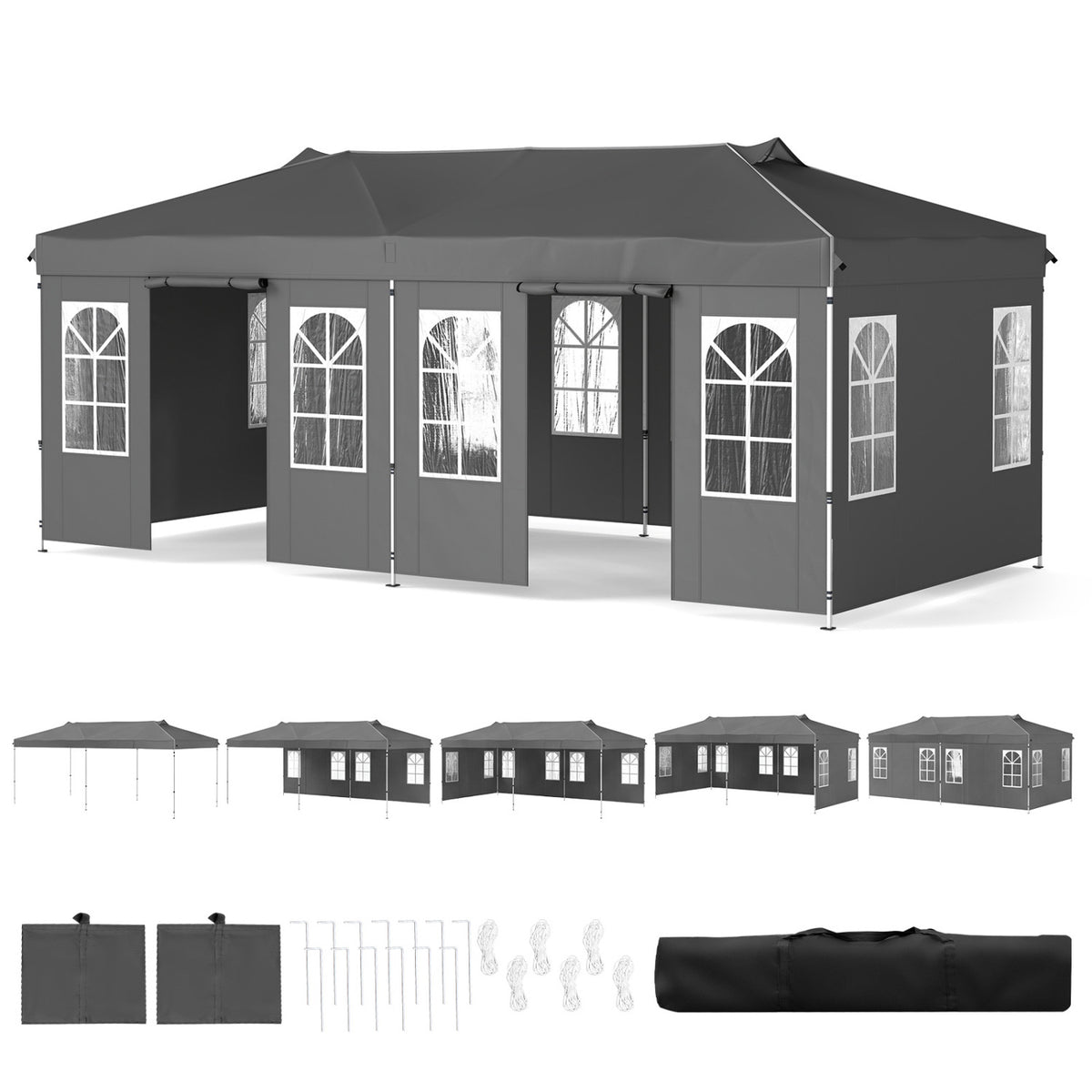 10 x 20 FT Pop Up Canopy Tent with 6 Sidewalls and Adjustable Height-Gray