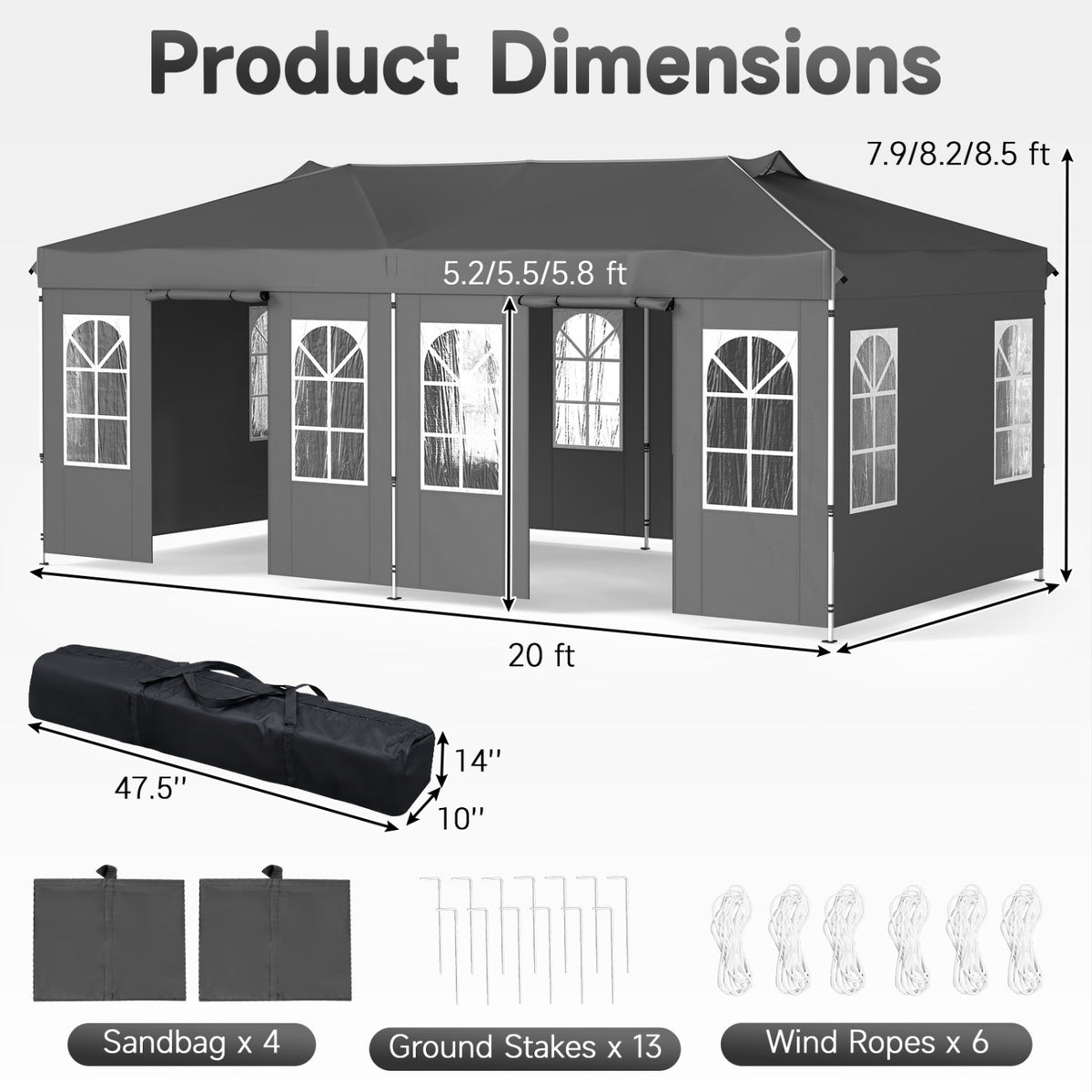 10 x 20 FT Pop Up Canopy Tent with 6 Sidewalls and Adjustable Height-Gray