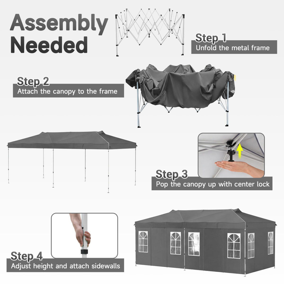 10 x 20 FT Pop Up Canopy Tent with 6 Sidewalls and Adjustable Height-Gray
