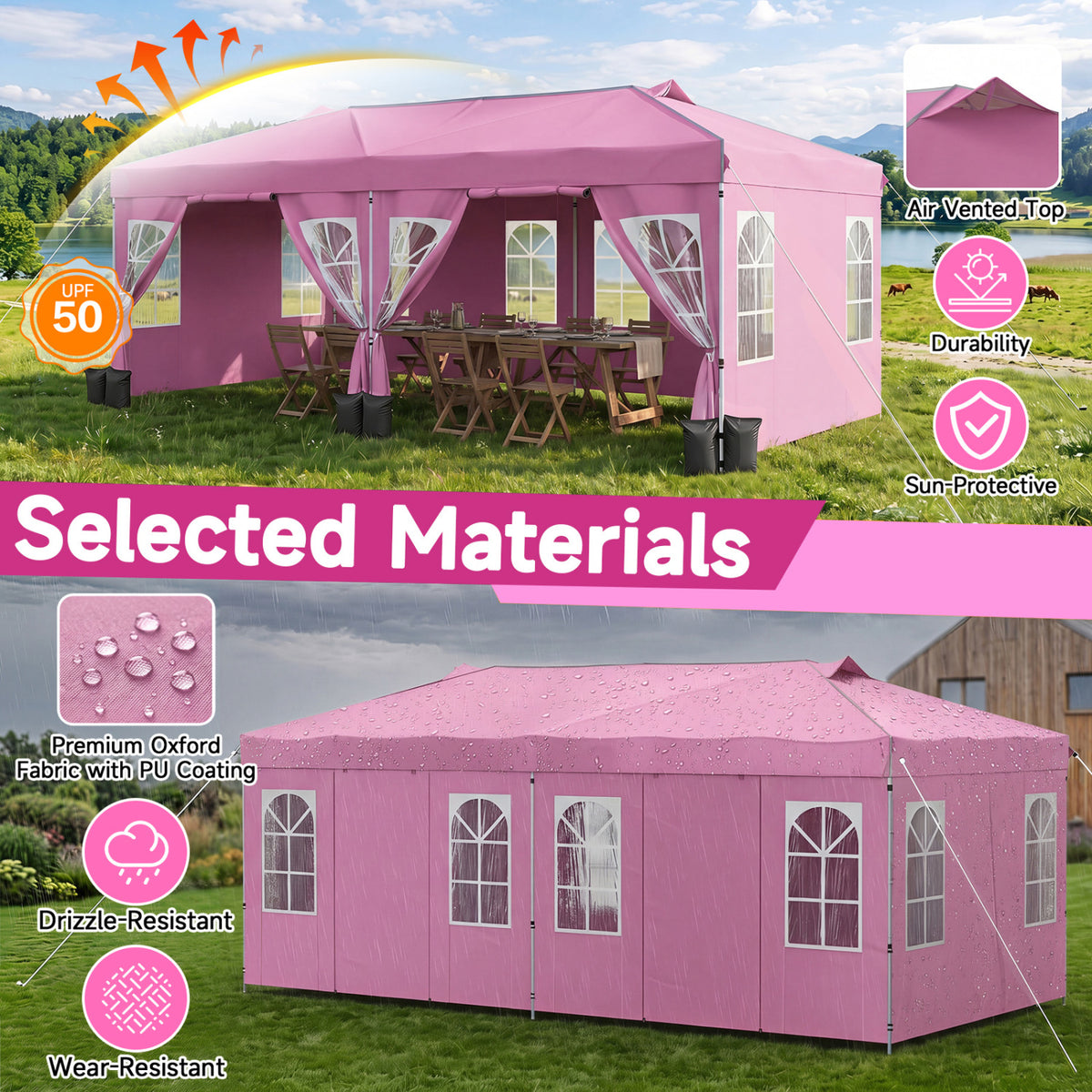 10 x 20 FT Pop Up Canopy Tent with 6 Sidewalls and Adjustable Height-Pink